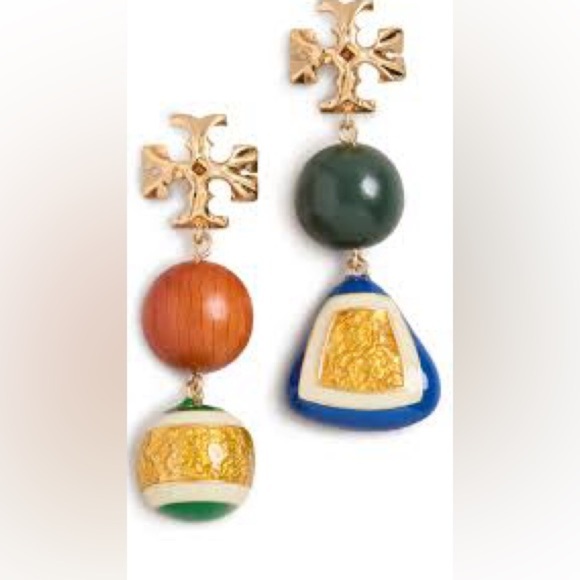 🆕Authentic Tory Burch Roxanne Wood & Resin Mismatched Double Drop Earrings - Picture 15 of 15